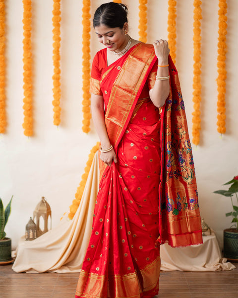 Red Paithani Saree with Traditional Chatai Border and Pallu