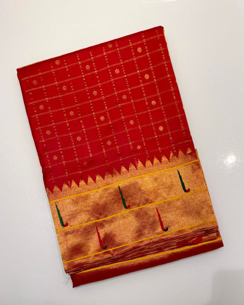 Red double muniya checkered heirloom Paithani