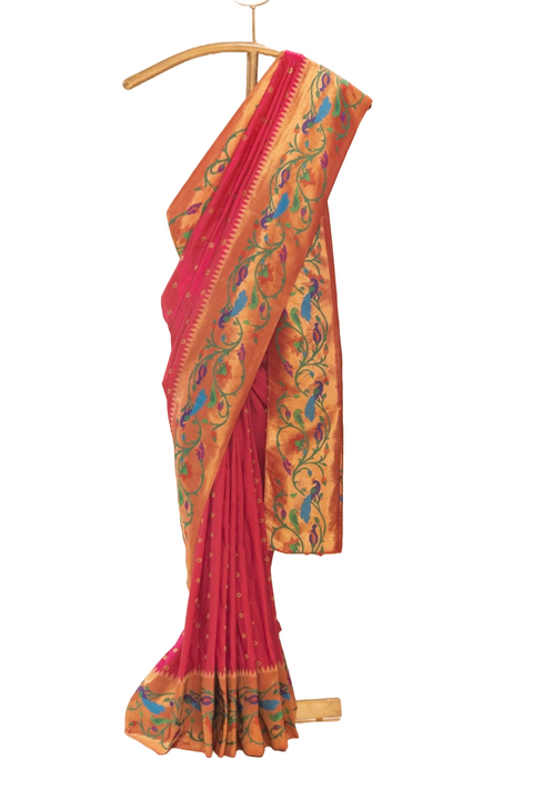 Rani Pink Pure Silk Paithani with Contrast Floral Zari Border