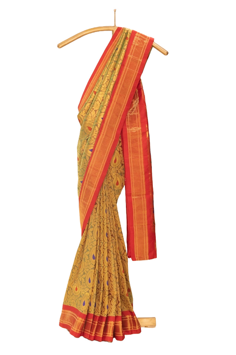 Lime Pure Silk Printed Paithani with Contrast Chatai Border