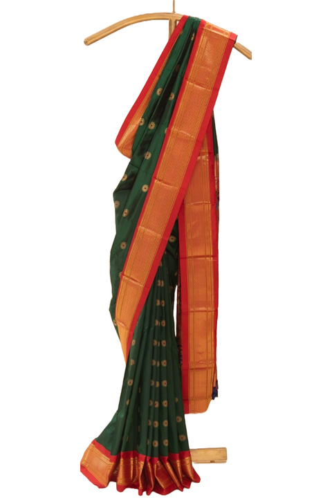 Green Pure Silk Paithani Saree with Floral Buttis and Contrast Chatai Border