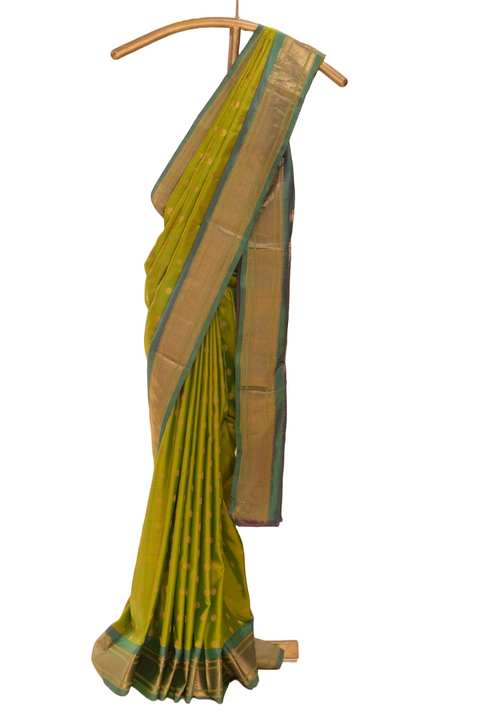 Light Green Pure Silk Paithani Saree with Contrast Turquoise Zari Border
