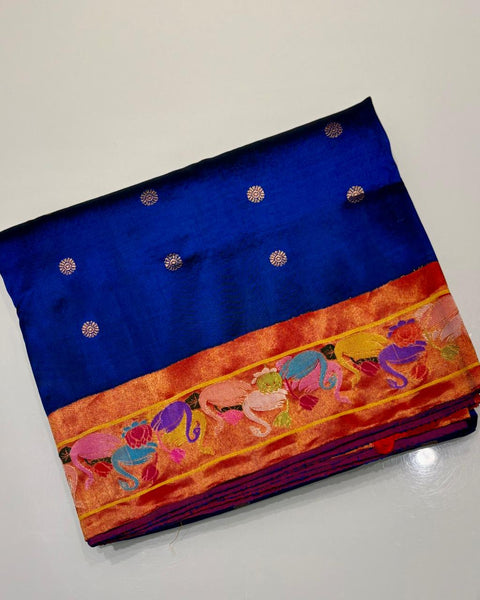 Royal Blue Pure Silk Heirloom Paithani with Swan Border