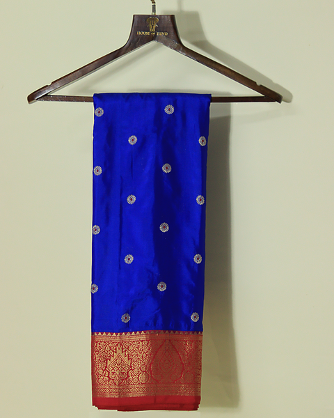 Royal Blue and Red Semi-Silk Kanjivaram Saree with Zari Border