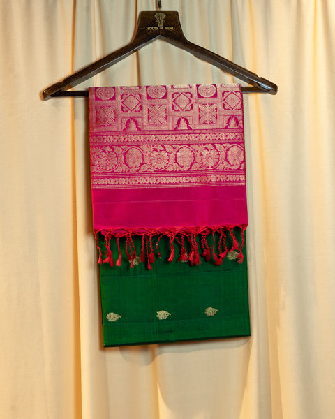 Elegant Bottle Green Soft Silk Saree with Contrast Pink Border