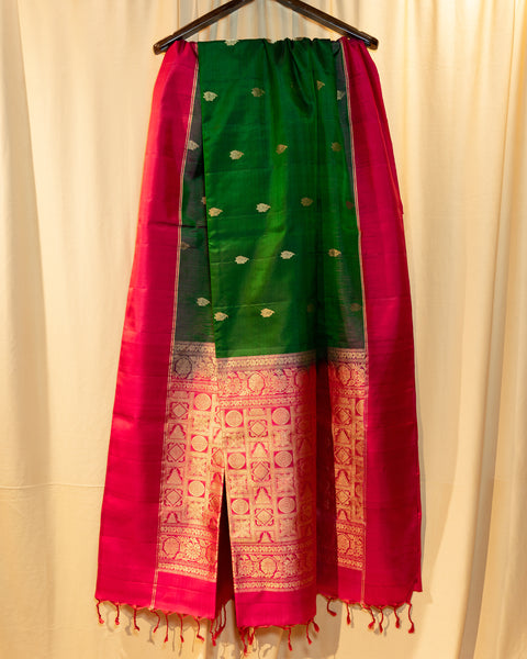 Elegant Bottle Green Soft Silk Saree with Contrast Pink Border