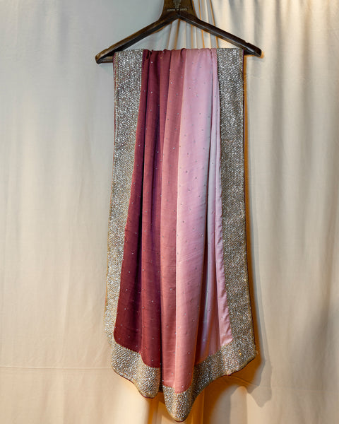 Partywear Pink and Maroon Ombre Crepe Saree