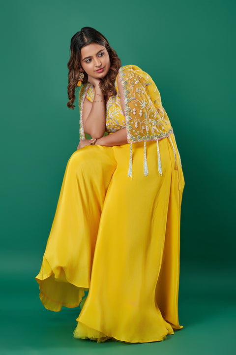 Yellow Muslin Silk Crop top Indowestern 3-Piece Outfit