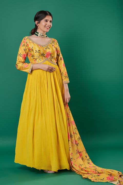 Yellow Alia Cut light Gown with Floral Print