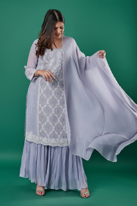 Lavender Dreams Muslin Silk 3-Piece Sharara Suit with Heavy Stone Embroidered Kurta, Plazzo, and Dupatta