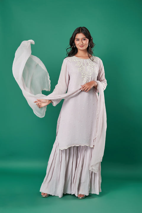 Pearl Elegance Muslin Silk 3-Piece Sharara Suit with Moti Embroidered Kurta, Plazzo, and Dupatta