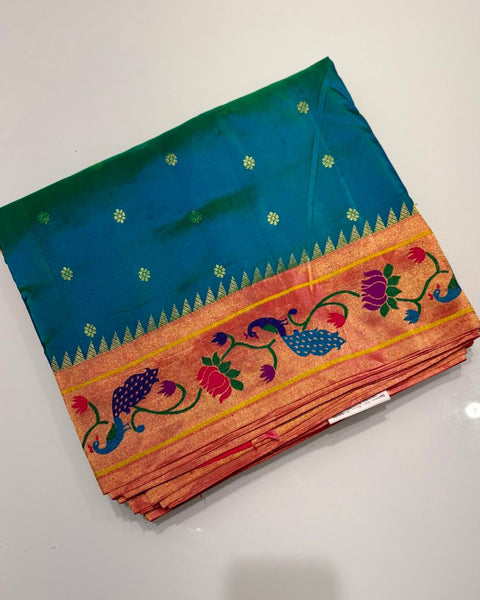 Sea Green Pure Silk Paithani with Lotus & Peacock Border
