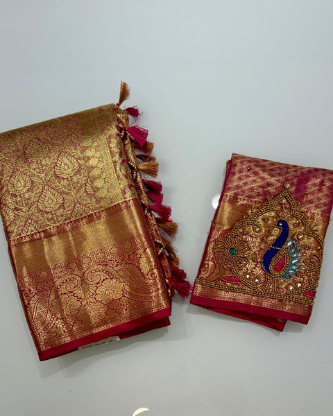 Semi Silk Tissue Kanjeevaram with Embroidered Blouse – Unstitched