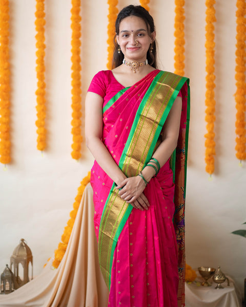 PinkPure Silk Paithani Saree with Contrast Green Traditional Chatai Border and Pallu