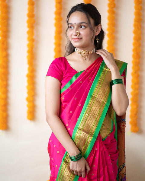 PinkPure Silk Paithani Saree with Contrast Green Traditional Chatai Border and Pallu
