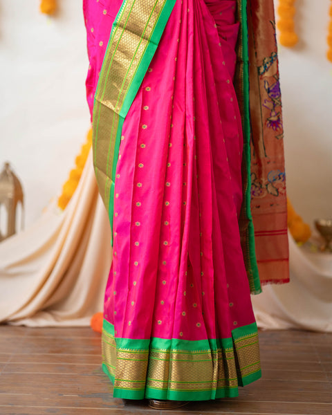 PinkPure Silk Paithani Saree with Contrast Green Traditional Chatai Border and Pallu