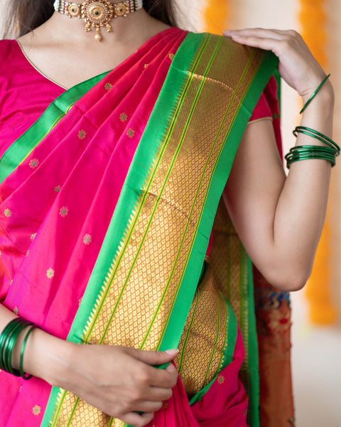 PinkPure Silk Paithani Saree with Contrast Green Traditional Chatai Border and Pallu