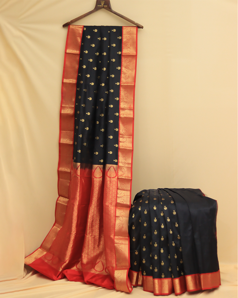 Stunning Black Kanjivaram Saree with Red and Golden Zari Border