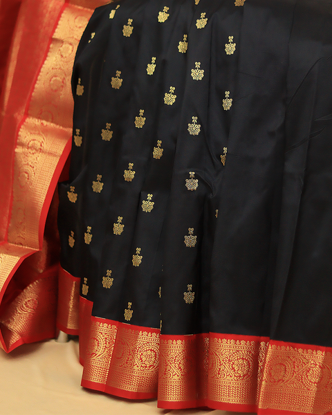 Stunning Black Kanjivaram Saree with Red and Golden Zari Border