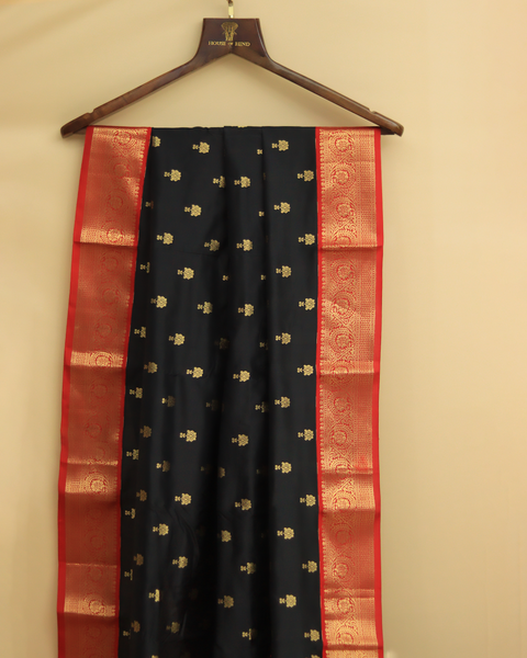 Stunning Black Kanjivaram Saree with Red and Golden Zari Border