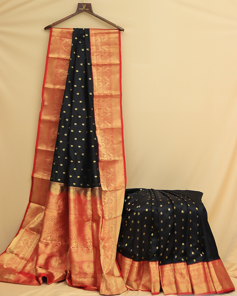 Majestic Black Kanjivaram Saree with Red Zari Border and Golden Dots