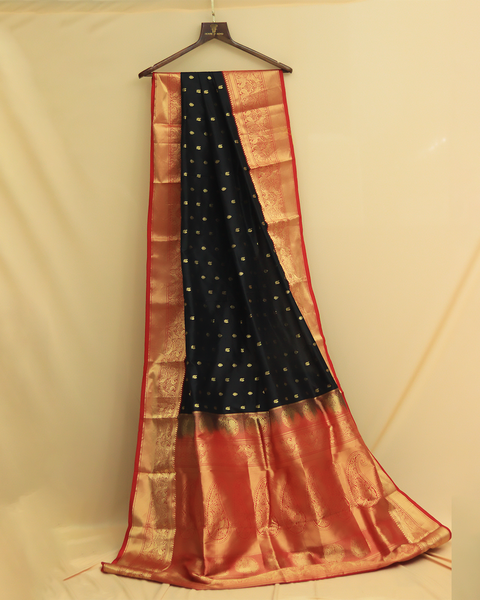 Majestic Black Kanjivaram Saree with Red Zari Border and Golden Dots