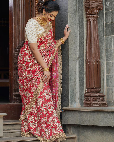 Crimson Allure Heavy Red Net Designer Saree with Thread and Sequin Floral Handwork