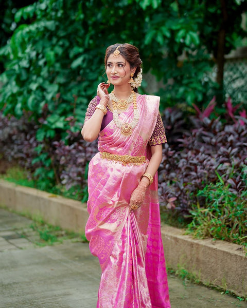 Rose Radiance Pink Pure Tissue Brocade Kanchipuram Kanjeevaram Saree