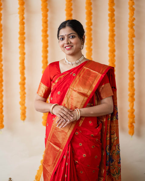 Red Pure Silk Paithani Saree with Traditional Chatai Border and Pallu