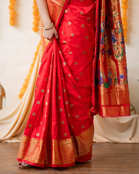 Red Pure Silk Paithani Saree with Traditional Chatai Border and Pallu