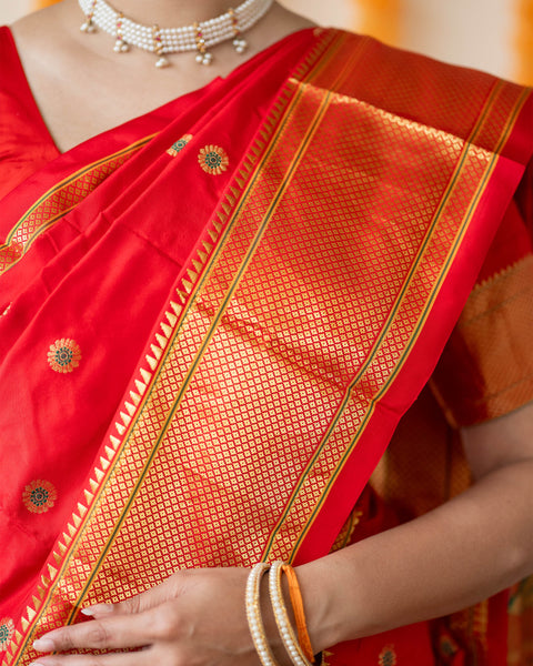 Red Pure Silk Paithani Saree with Traditional Chatai Border and Pallu