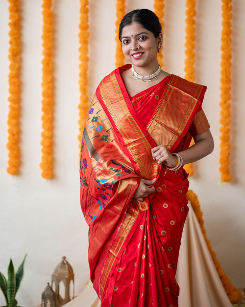 Red Pure Silk Paithani Saree with Traditional Chatai Border and Pallu