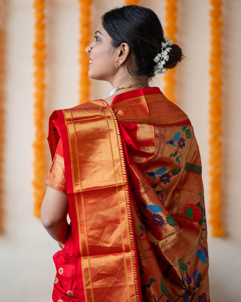 Red Pure Silk Paithani Saree with Traditional Chatai Border and Pallu