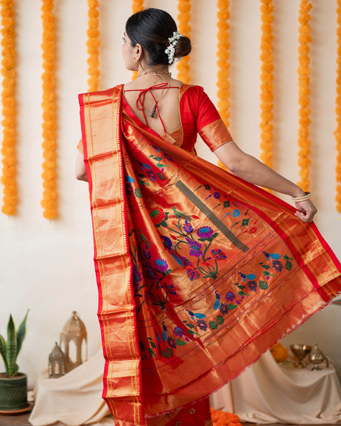 Red Pure Silk Paithani Saree with Traditional Chatai Border and Pallu