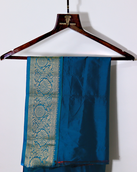 Tomato Red and Peacock Blue Semi-Silk Kanjivaram Saree with Silver Zari Border