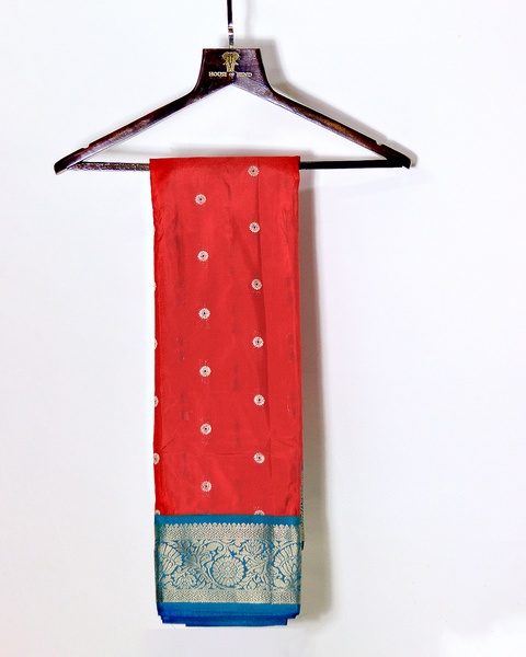 Tomato Red and Peacock Blue Semi-Silk Kanjivaram Saree with Silver Zari Border