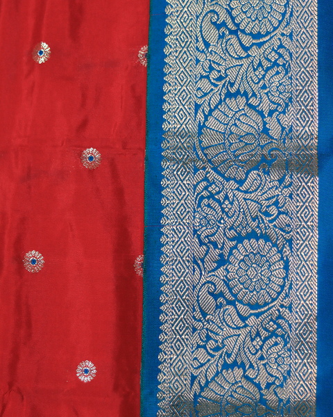 Tomato Red and Peacock Blue Semi-Silk Kanjivaram Saree with Silver Zari Border