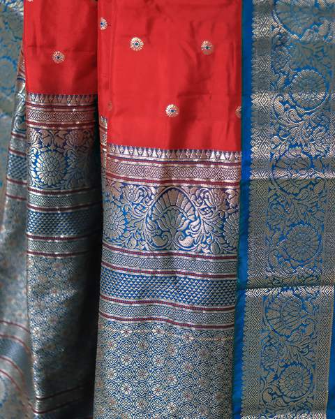 Tomato Red and Peacock Blue Semi-Silk Kanjivaram Saree with Silver Zari Border