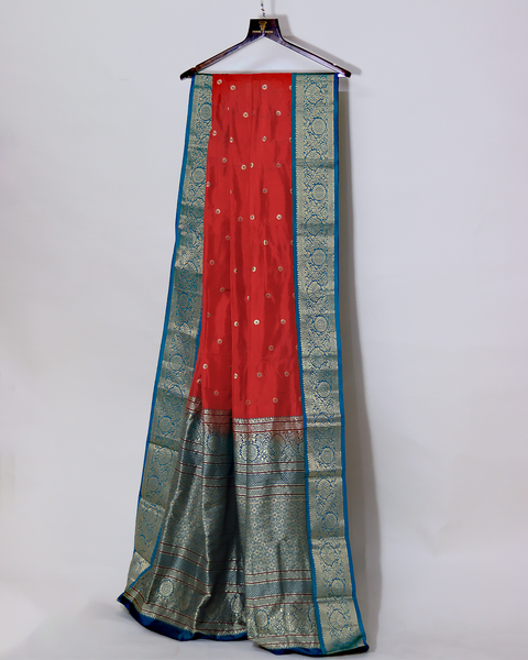 Tomato Red and Peacock Blue Semi-Silk Kanjivaram Saree with Silver Zari Border