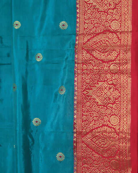 Torquiose and Red Colour Semi-Silk Kanjivaram Saree with Zari Border