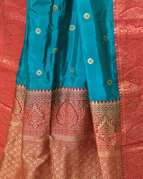 Torquiose and Red Colour Semi-Silk Kanjivaram Saree with Zari Border