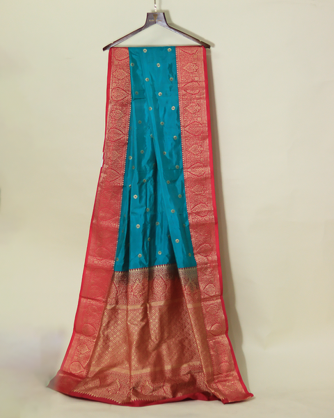 Torquiose and Red Colour Semi-Silk Kanjivaram Saree with Zari Border