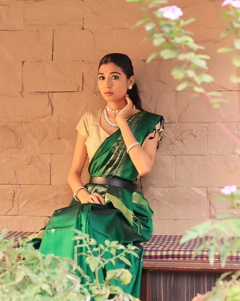 Bottle Green Kanjeevaram Saree Golden Zari Border