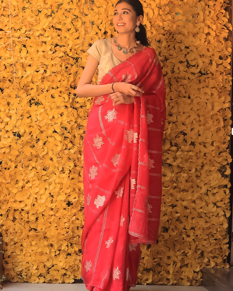 Rani Pink Georgette Saree With Floral Designes