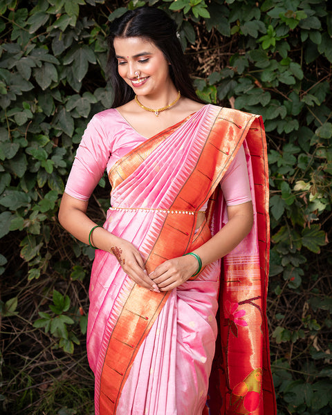 Baby Pink Heirloom Pure Silk Single Munia Paithani Saree - - The Vivaah Edit Lagan Special