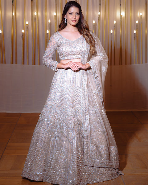 Beige Grey Sequin Designer Lehenga - The Vivaah Edit Reception Special