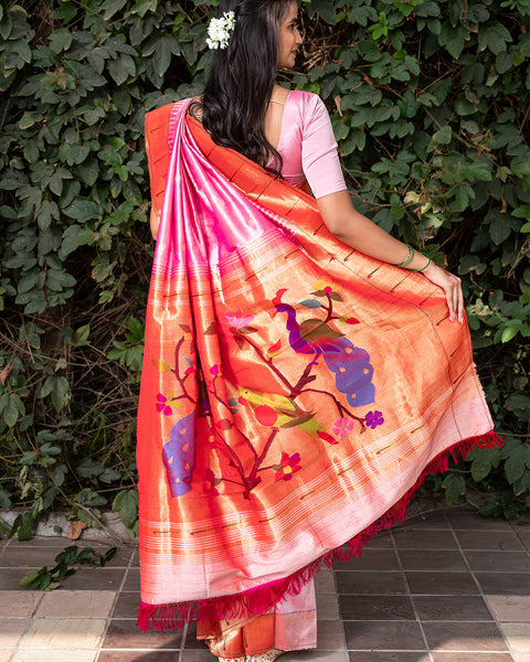 Baby Pink Heirloom Pure Silk Single Munia Paithani Saree - - The Vivaah Edit Lagan Special