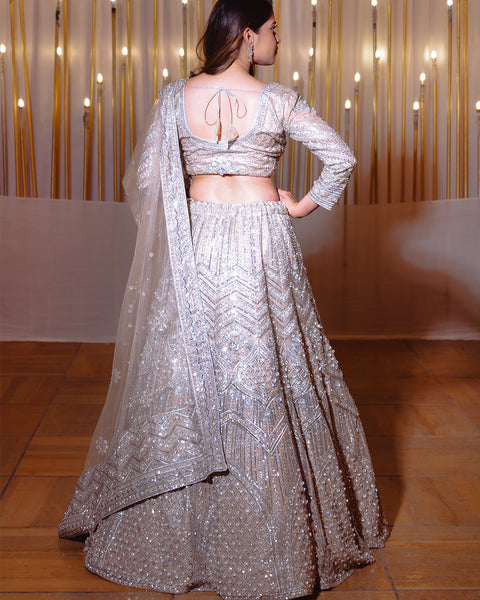 Beige Grey Sequin Designer Lehenga - The Vivaah Edit Reception Special