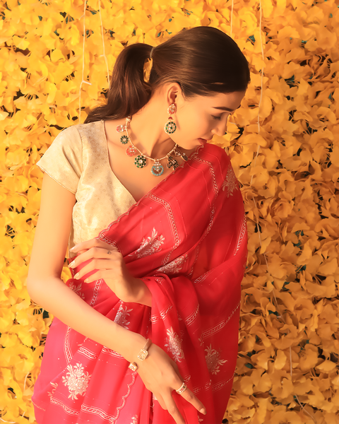 Rani Pink Georgette Saree With Floral Designes