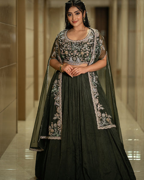 Dark Olive Green Lehenga with Designer Cape